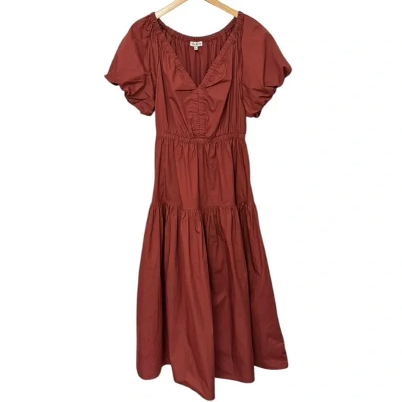 MOON RIVER | Cotton Puff Sleeve Tiered Midi Dress in Brick, Size Large - Picture 5 of 12